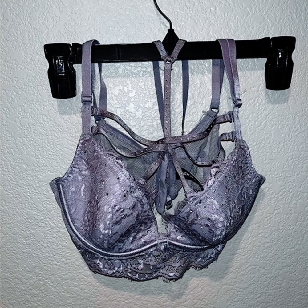 Adore Me purple boned strappy chocker bejeweled lace and mesh bra